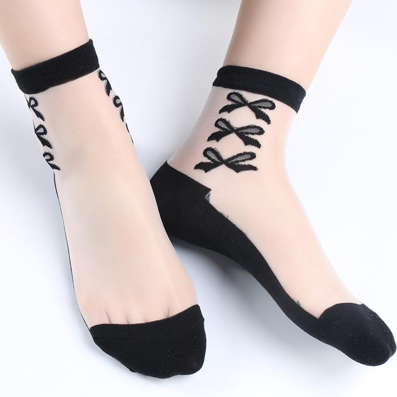 5 Pairs Fashion Transparent Socks Bow Floral Transparent Silk Socks Crystal Silk Socks for Women