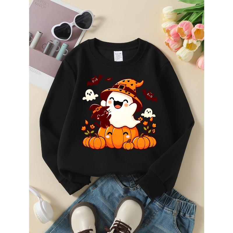 Girls' Soft Crewneck Sweatshirt Cute Halloween Ghost Pumpkin Print with Cute Creative Print, Casual All-Match for Fall Winter, Ideal Holiday Present