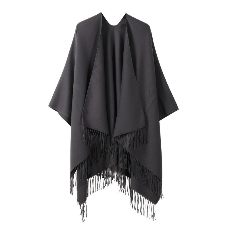 Solid Black Tassel Hem Open Front Poncho Cape Soft Faux Cashmere Wrap Shawl for Women