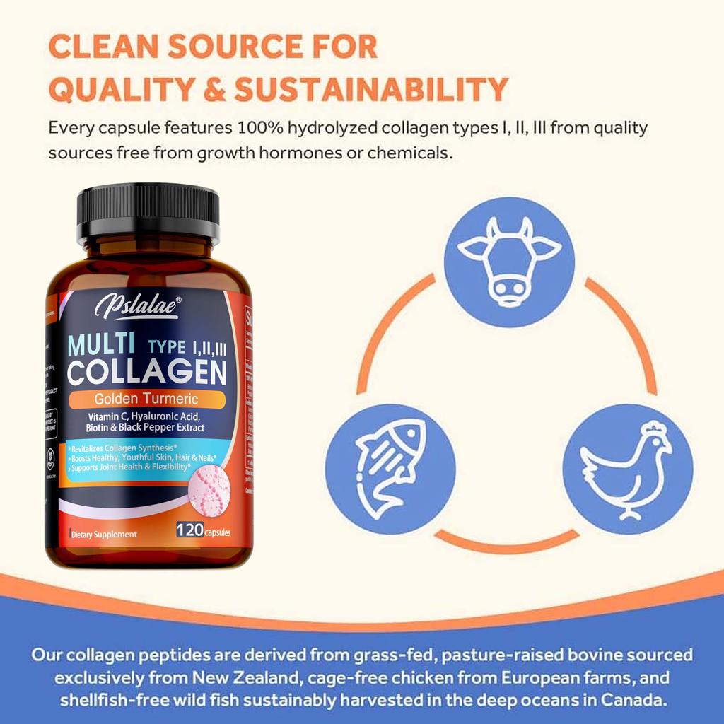 Complex Collagen Capsules Containing Hyaluronic Acid and Biotin Are All-natural and Support Skin Health.