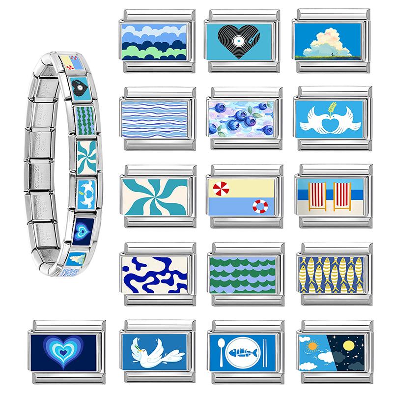 New Blue Sea Fishtail Dolphin Turtle Blueberry Music Tape Italian Charm Link Fit 9mm Stainless Steel Bracelet DIY Making Gift