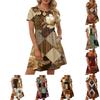 Vestido Casual Feminino de Manga Curta com Estampa Floral Retrô, Gola Redonda, Cinto na Cintura e Bolso