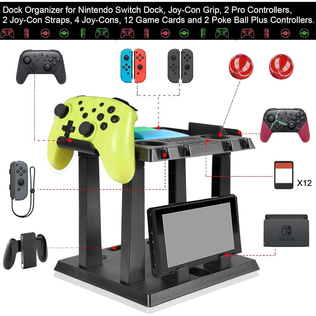 Multifunktionaler Aufbewahrungsständer, Switch Tower Halterung Dock Joy-Con Griff 2 Pro Controller 2 Joy-Con-Handgelenkschlaufen 4 Joy-Cons 12 Spielkarten und 2 Pokébälle
