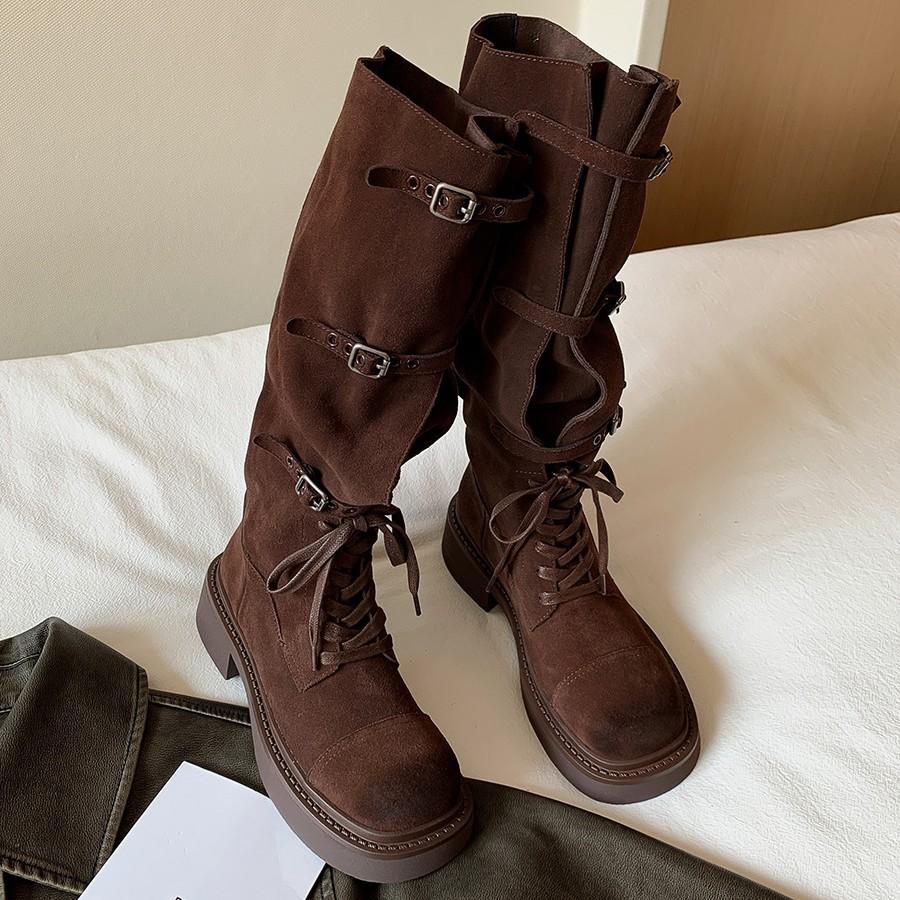 [Fanfna] Kuhleder Schnür-Lokomotivstiefel Retro Amerikanische Martin Stiefel Damen Langstiefel Dicksohlige Ritterstiefel Damen