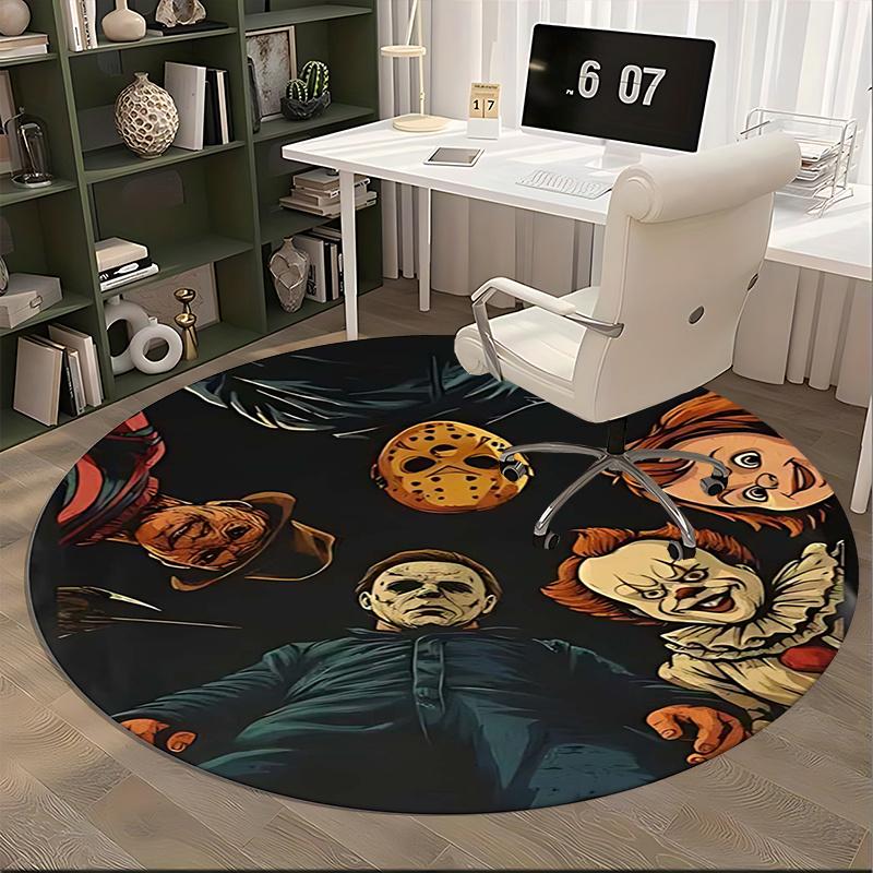 Halloween Horror Icons,Movie Monsters Chair Mat Round Rug Office Carpet, Machine Washable, Non Slip, Suitable for Living Rooms, Bedrooms