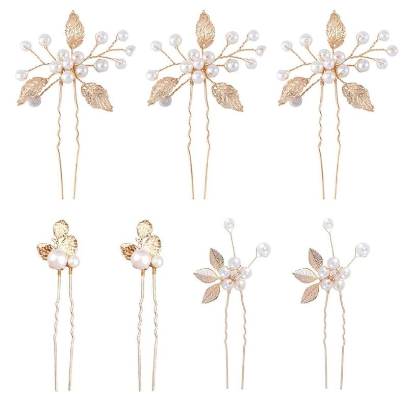 

7PCS Golden Leaf Pearls Hairpin For Women Elegant Hair Styling Accessory Strong Hold Wedding Party Headpiece Photo Wear 1