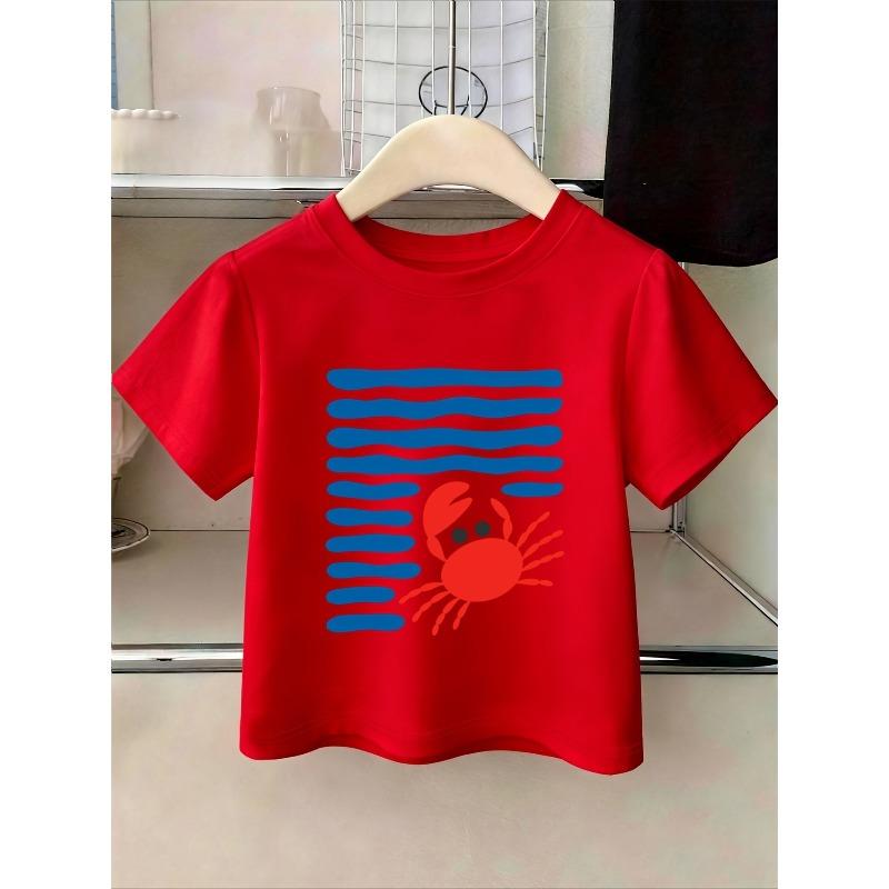 European sizes Summer Beach Vacation "Crab" Letter/Cartoon Print, Girls' Clothing Short Sleeve T-Shirt, Suitable for Summer Season Cool And Breathable