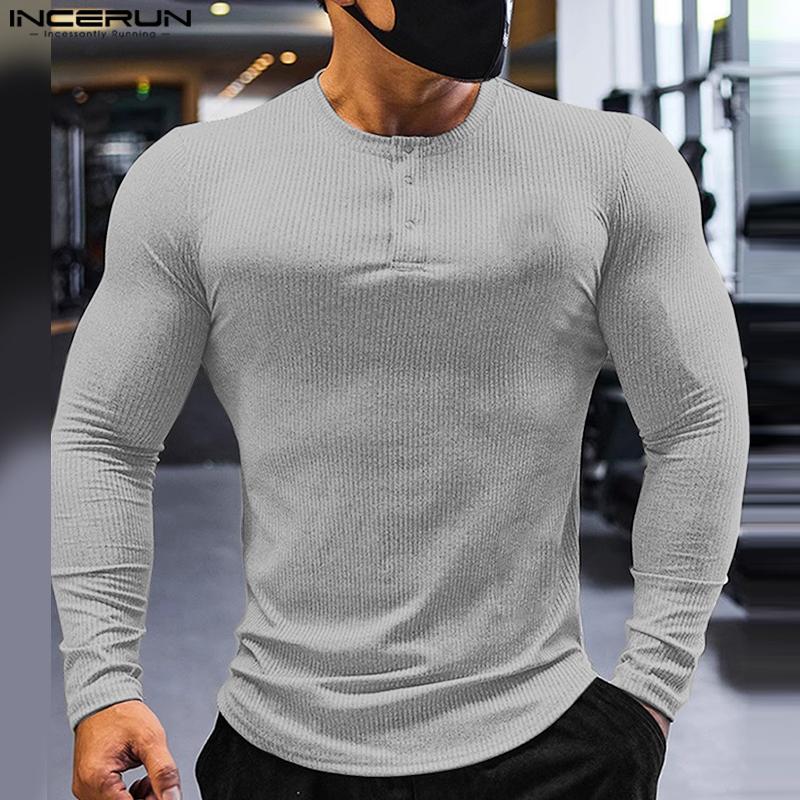 INCERUN Men Round Neck Long Sleeve Rib Casual Fitted Tops T-shirts Undershirts