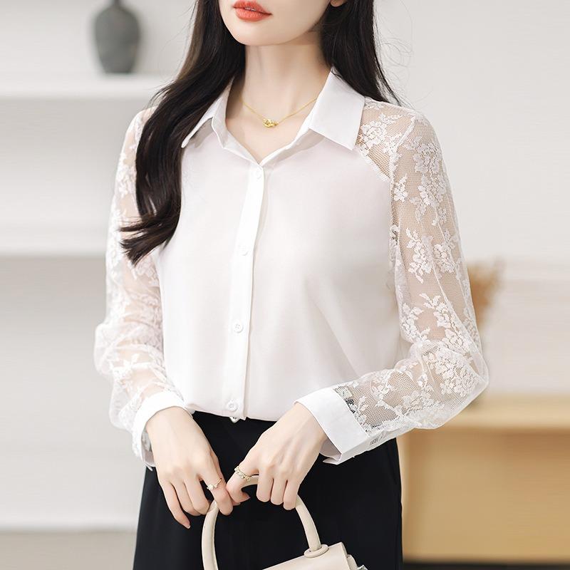 Western Style Women's Collar Lace Patchwork Chiffon Shirt Top Cardigan Shirt