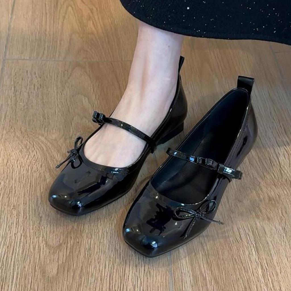 Square Head Patent Leather One-word Buckle Mary Jane Shoes Women's Sweet Versatile Bow Flat-bottomed Small Single Shoes