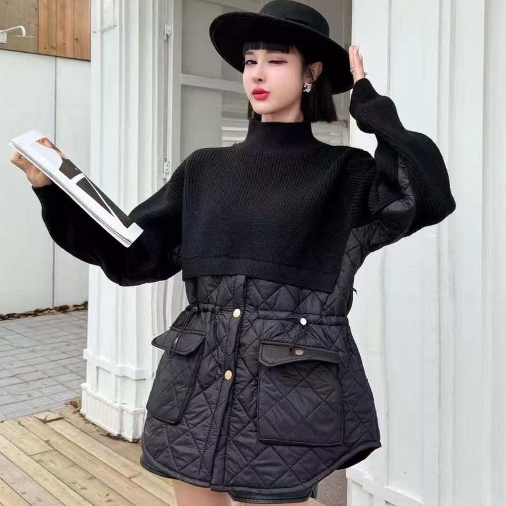 

DIMANAF 2024 Женские зимние свитера в стиле пэчворк с пуговицами Пальто Вязаная куртка Поддельный двухкомпонентный свободный свитер One Size чёрный