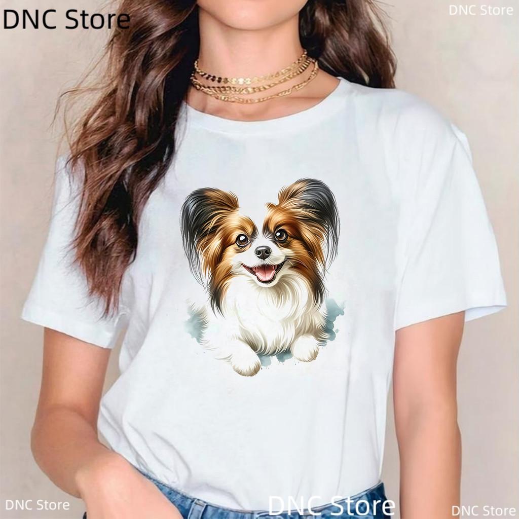 Women'S T-Shirt Funny Papillon Dog Print T-Shirt Animal Lover Tshirt Harajuku Style Summer Fashion Female T-Shirt Casual Shirt