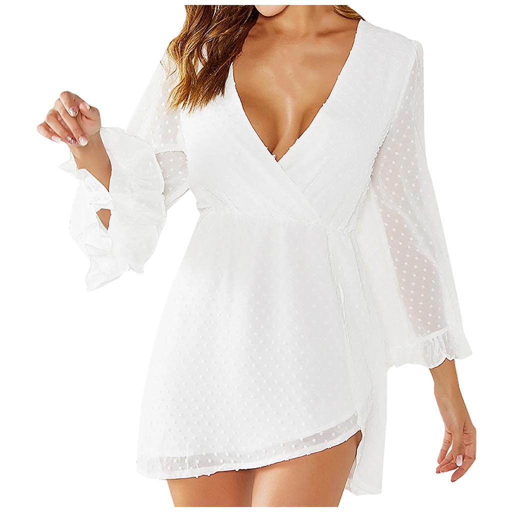 Women Solid Deep V Neck Ruffled Flounce Long Sleeve Irregular Hem  Dress