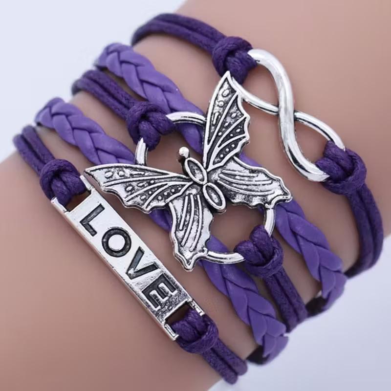 Unisex Retro Multicolor Butterfly Leather Infinity Bracelet
