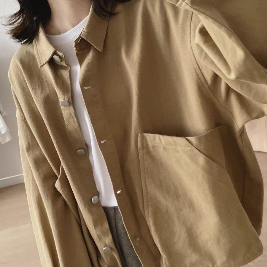 Women's Loose-Fit Retro Workwear Jacket with Large Pockets - Plus Size, Slimming, Solid Color, Spring/Autumn