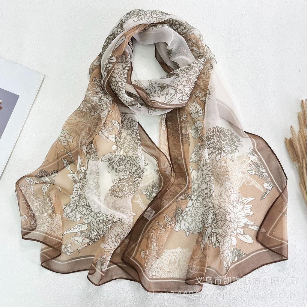 Neuer Sonnenschutz Langer Seidenschal Mohnblume Dünne Imitationsseide Frühling und Sommer Georgette Dekoration Damen Bedruckter Schal