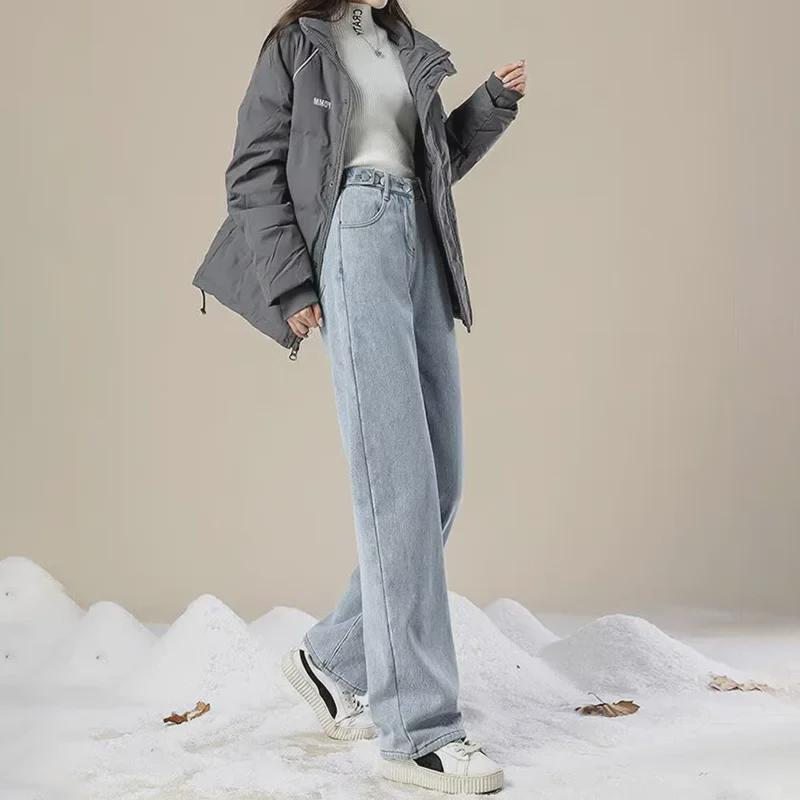 "Thick Velvet Warm High-Waist Adjustable Wide-Leg Jeans - New Winter European & American Style"