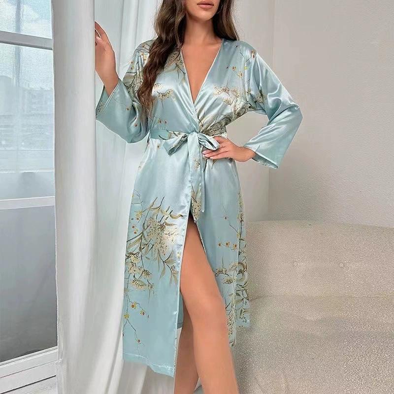 Women's Pajamas Sexy Imitation Silk Loose Household Clothes Ice Silk Cardigan Lace-up Bathrobe Pajamas for Women