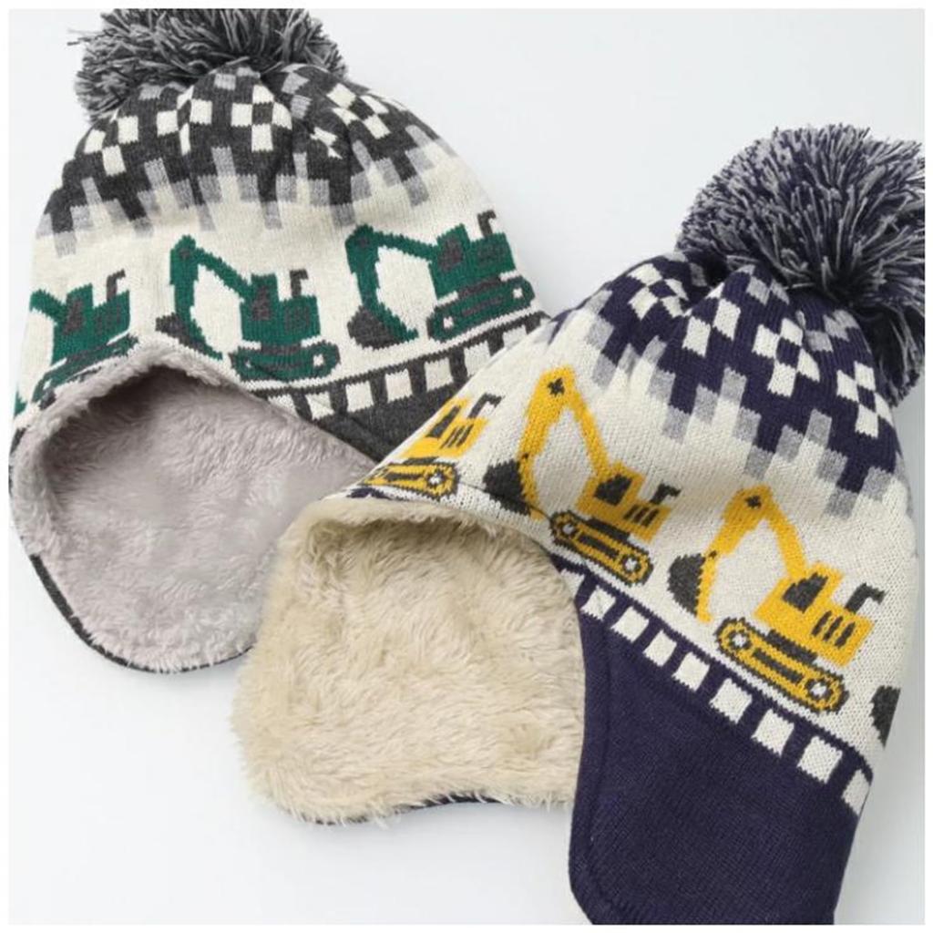 Kiejun Kids' Knit Cap, Excavator/Construction Equipment Design, for Boys, Warm, Fleece-Lined, with Earmuffs (53.0 cm, N Con)
