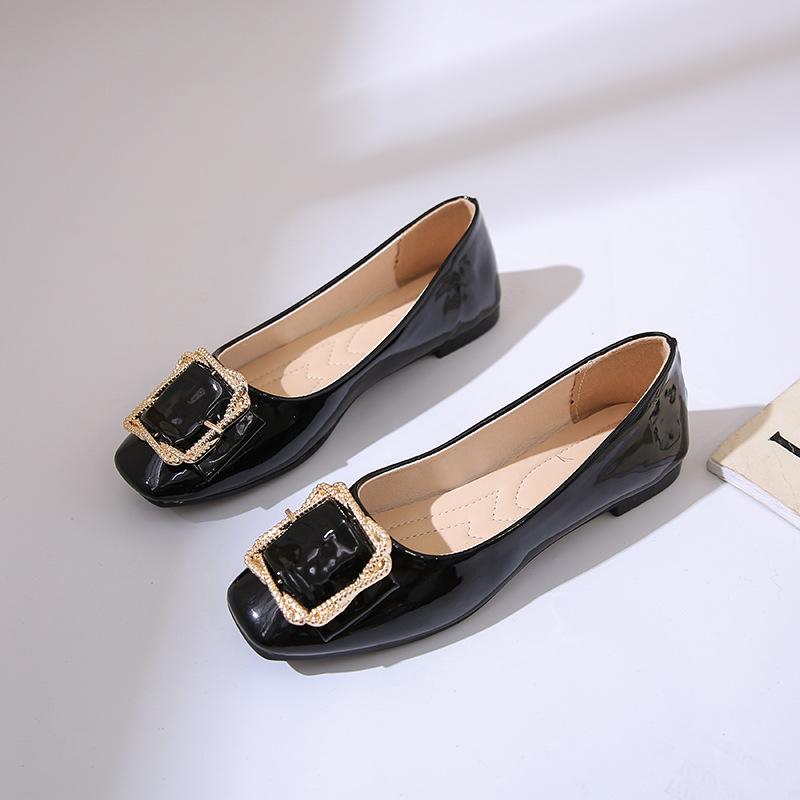 High heels women's 2025 new patent leather square head soft sole low heel Doudou shoes shallow mouth fashion versatile thick heel single shoes
