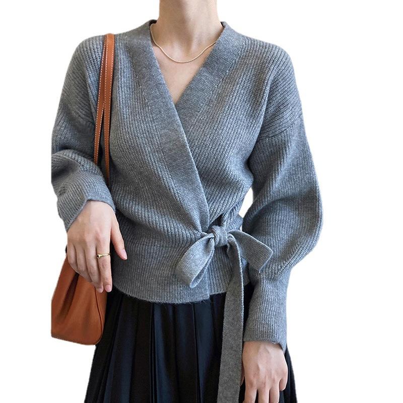 Advanced Sweater Knitwear Women Knitted Cardigan Fall Winter Tie V-neck Sweet Short Long-sleeved Knitted Tops