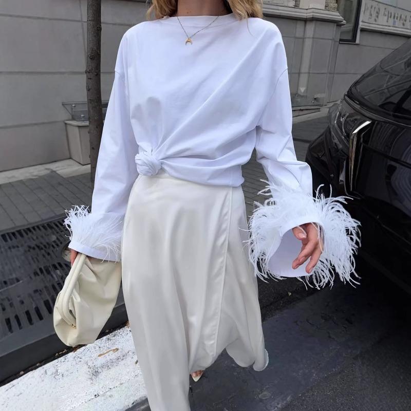 Women S Oversize Long Sleeve T Shirt With Flared Cuffs Fur Trim