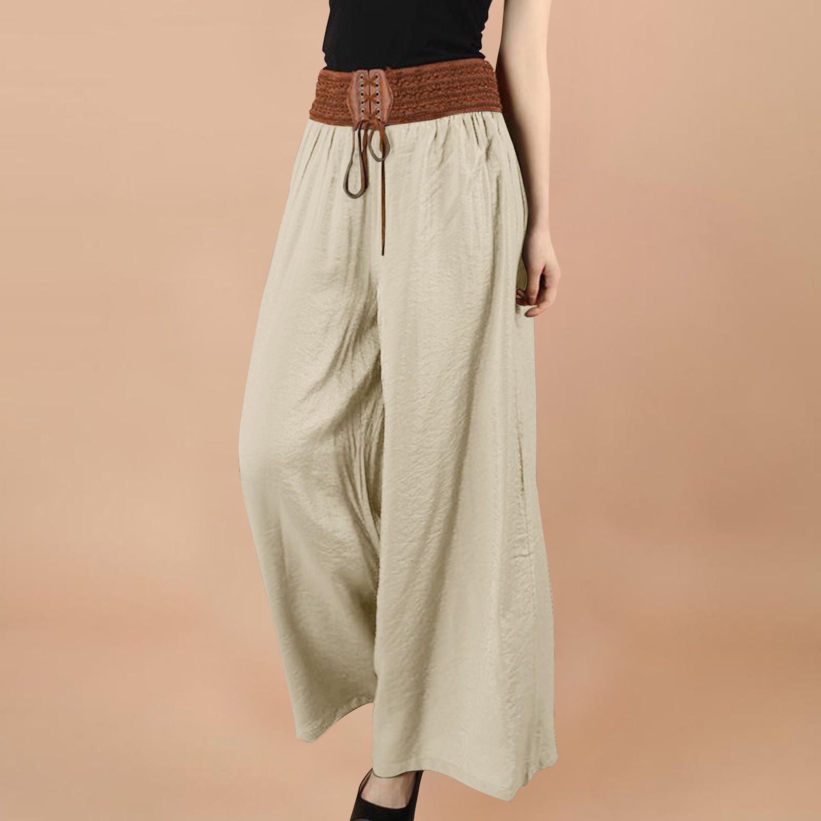 Women s Wide Leg Linen Streetwear Casual Comfort Vacation Casual Daily Weekend Pocket Long Comfort Plain Pants One Size