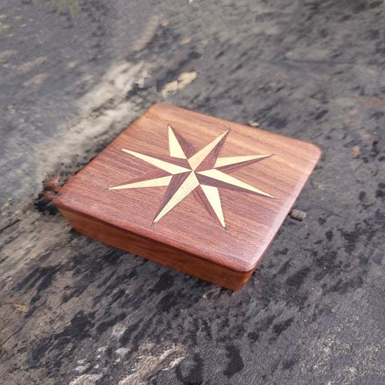 Wood Clock Compass Desk Table Top Clock - Solid Rose Wood, Engraved, 15x10x5 cm