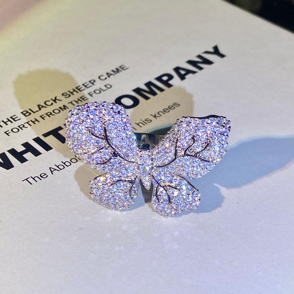 925 Silver Exaggerated Flash Diamond Temperament Female Group Inlaid Zircon Butterfly Adjustable Ring Party Engagement Gift