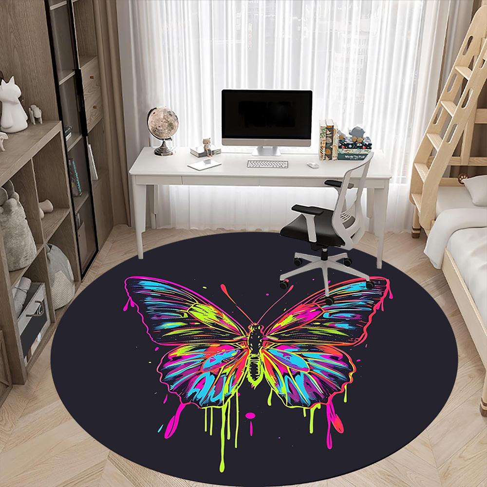 1PC Butterfly Neon Office Round Area Rug, Mat Suitable For Office, Under Office Chairs Bedroom Living Room Home Decor, Room Deco