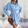 Women Autumn Winter High Waist Asymmetric Dress Shirt Solid Color Lantern Sleeve Lapel Neck Dress