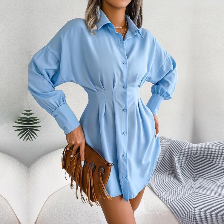 Women Autumn Winter High Waist Asymmetric Dress Shirt Solid Color Lantern Sleeve Lapel Neck Dress