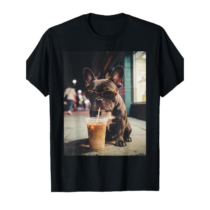French Bulldog Drinking Iced Coffee Funny Animal T-Shirt S чёрный