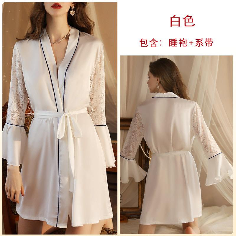 

Сексуальная ночная рубашка легкая роскошная пижама женский халат атлас кружево соблазнение одежда для подружек невесты кардиган одежда S белый