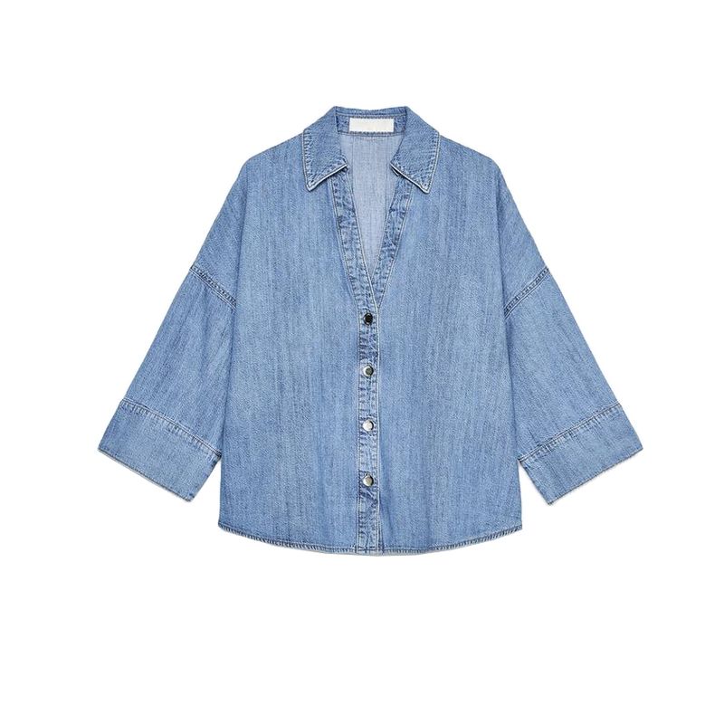 Wide Sleeve Minimalist Casual Denim Shirt 1879025 High Waist Pleated Wide Leg Leisure Casual Denim 1879026