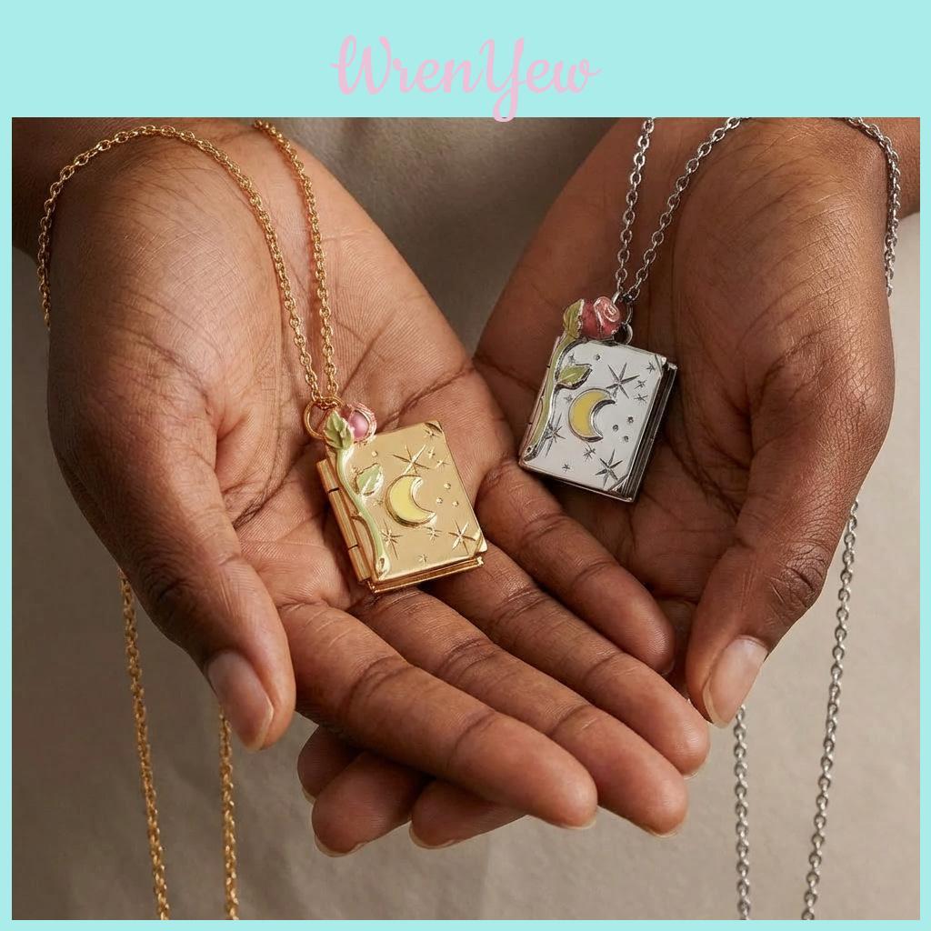 Vintage Book Necklace With Gold And Silver Star Moon Pendant For Women And Men