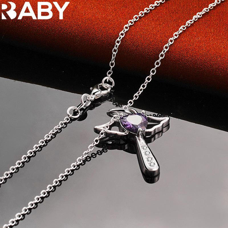 URBABY 925 Sterling Silver With 16-30 inch Chain Amethyst Heart Cross Pendant Necklace For Women Wedding Party Gifts Jewelry 4