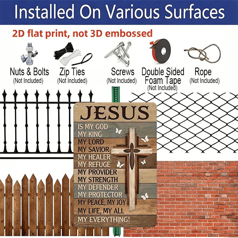 2D Flat, 12x8 Inch Metal Wall Art Plaque - Jesus Christ Attributes Religious Decor with Cross & Butterflies, Rustic Wood Texture Spiritual Home Decor