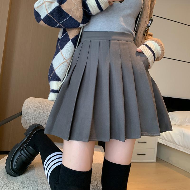 High-Waist Wool Pleated A-Line Skirt with Pockets - Slim Fit, Large Sizes for Autumn & Winter