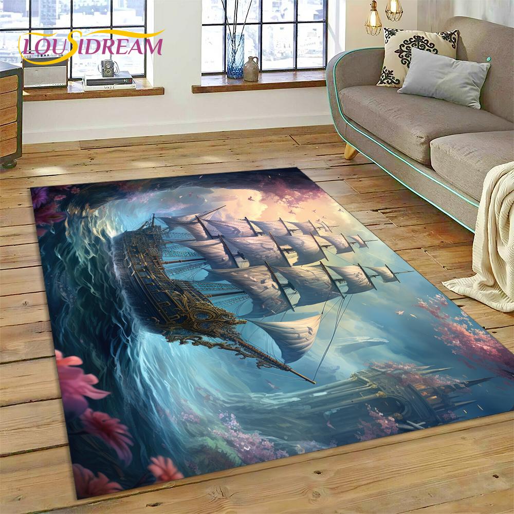 Ancient Pirate Ship Boat,Barque,Sailboa Rug Carpet for Living Room Bedroom Decor,Floor Mat Non-slip Decoration for Sofa Doormat