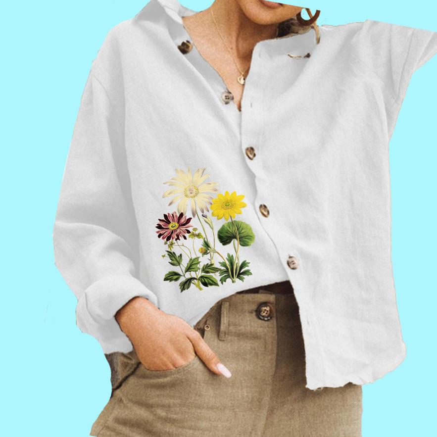 Női divat, virágmintás blúz Női pamut lenvászon felső Alkalmi, gombos hosszú ujjú ing