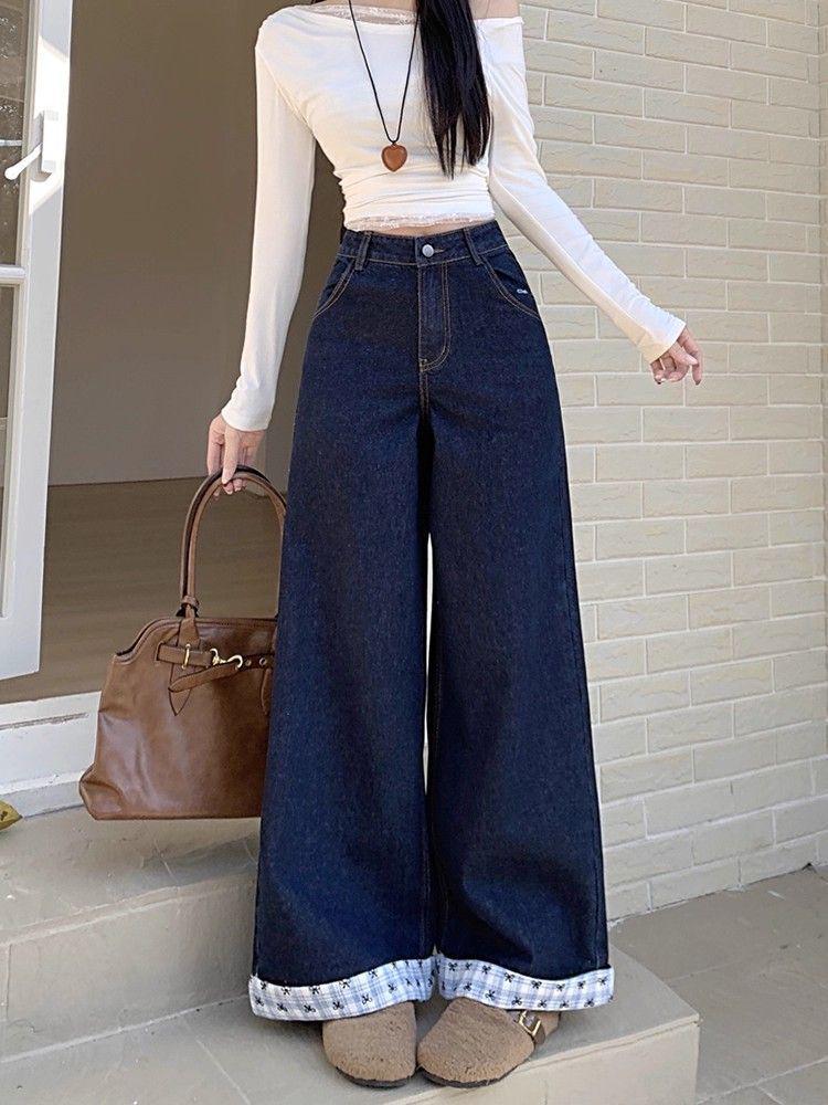 2025 Plus Size Retro Patchwork Plaid Wide-Leg Jeans for Women - Spring/Autumn Loose Fit