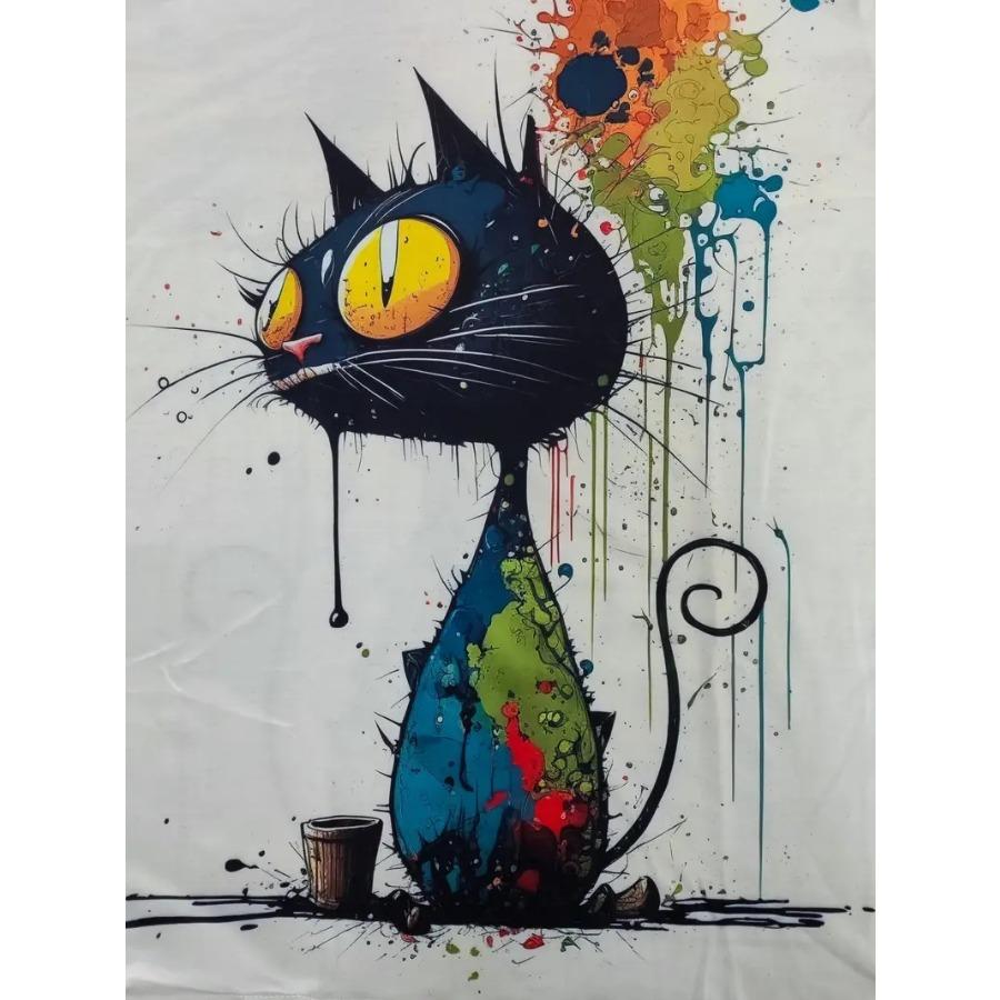 Mens Eye-catching Cat Graffiti T-Shirt - Lightweight & Breathable Short Sleeve Crew Neck Top - Fashionable Summer Wear, Perfect for Leisure & Gifts