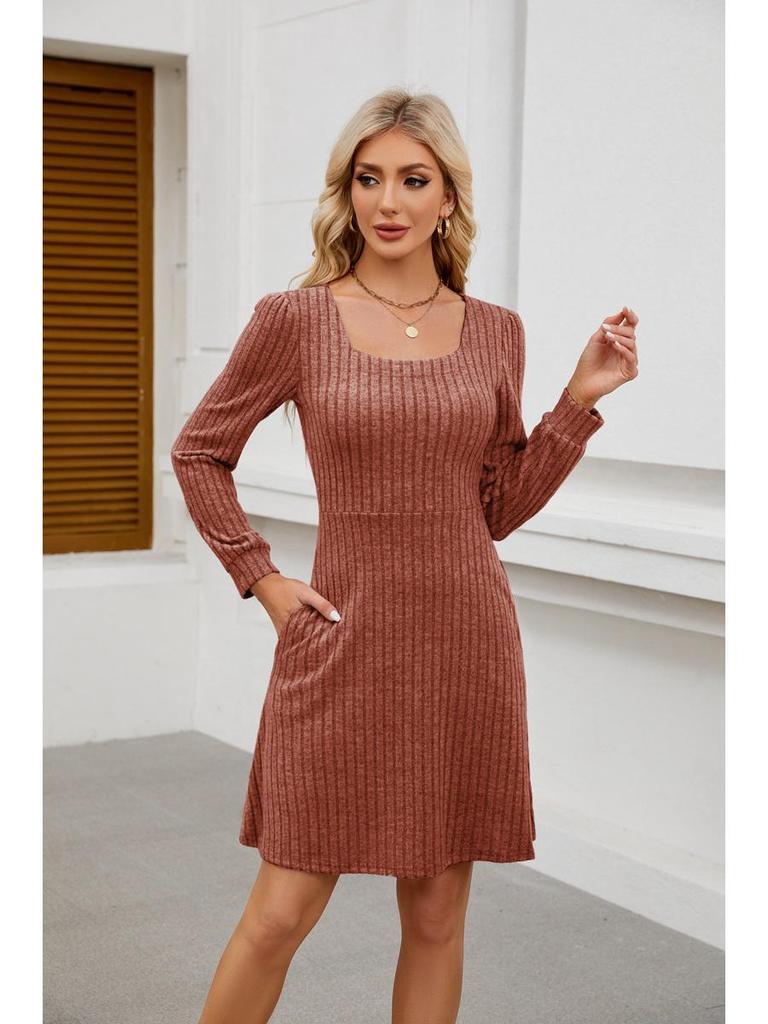 2025 Women's Square Neck Pocket Knit Sweater Dress - Long Sleeve Casual Fashion