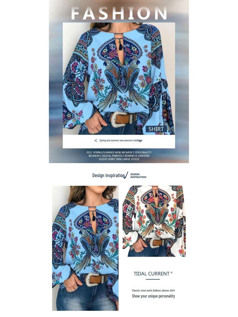 Frühling/Sommer 2025 Damen Digitaldruck Laternenärmel Bluse