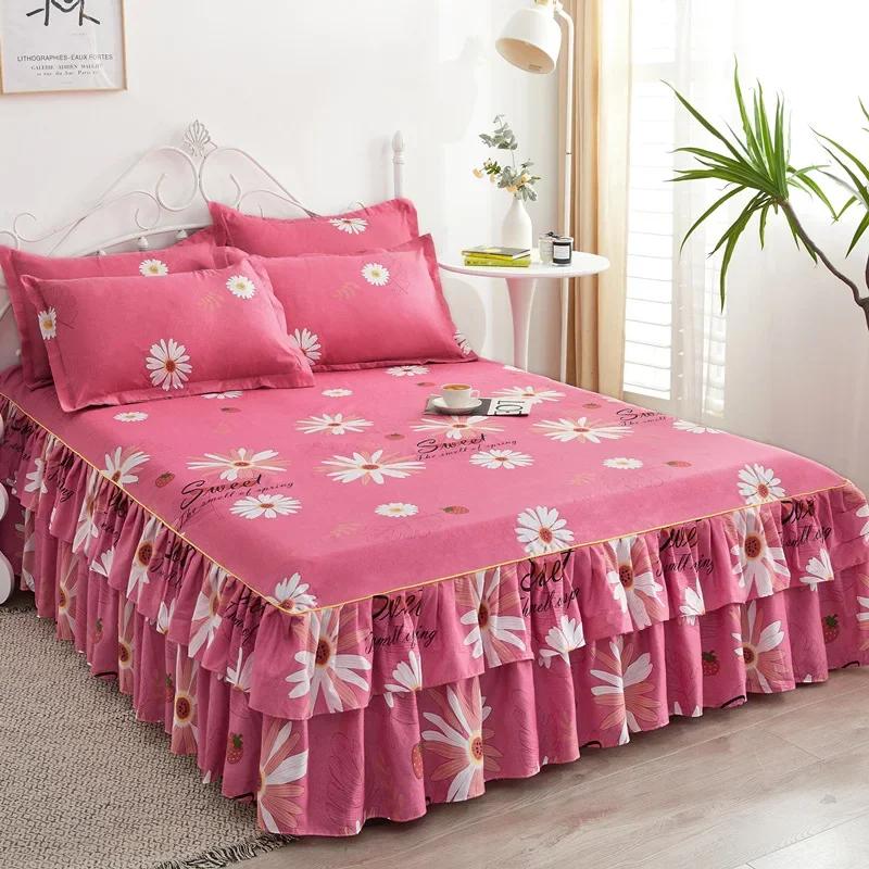 Double Layer Ruffled Bedroom Solid/Flower Pattern Cotton Bed Skirt Coverlets Elastic Tight Dust Cover Bedding