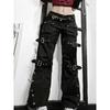 Metal Button High Waisted Straight Leg Jeans Drop Crotch Trousers Streetwear Hip Hop Fashion Y2K Cargo Denim Pants for Women