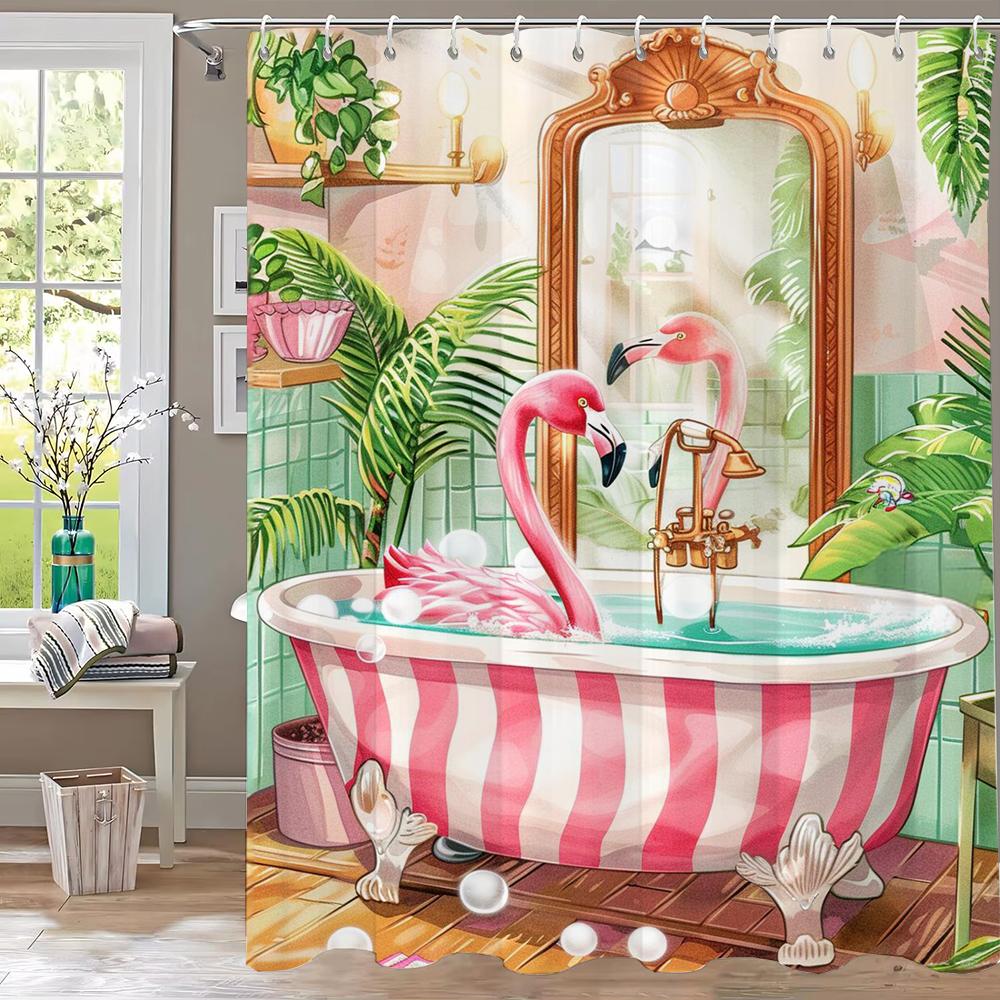 

Flamingo Bathing In Pink Bathtub Shower Curtain, Floral Art Bathroom Decorative Curtain, Printed Polyester Curtain With Hooks W60H190(CM)-1 Pcs