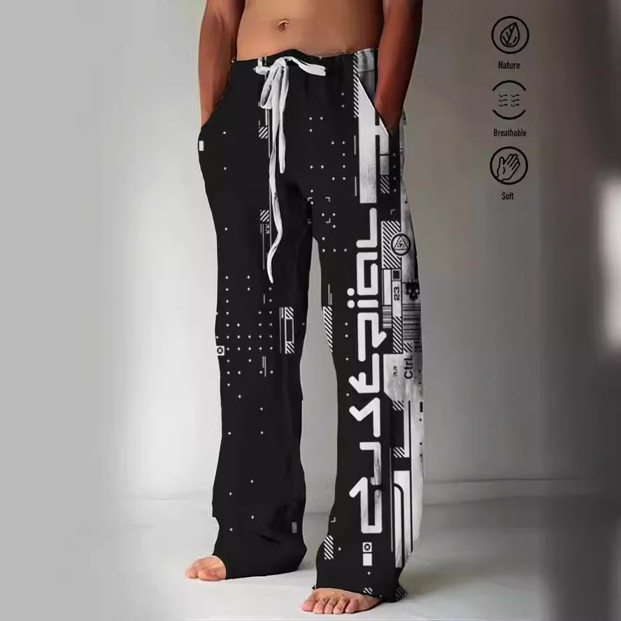 Men's Fashion Straight Leg Pants 3D Printed Drawstring Design Front Pocket Trousers Casual Everyday Printed Lounge Pants