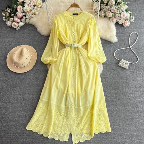 

Однотонное женское шикарное женское платье с пышными рукавами, модное элегантное повседневное вечерние платье с круглым вырезом, офисное женское платье с поясом, темпераментное платье One Size жёлтый